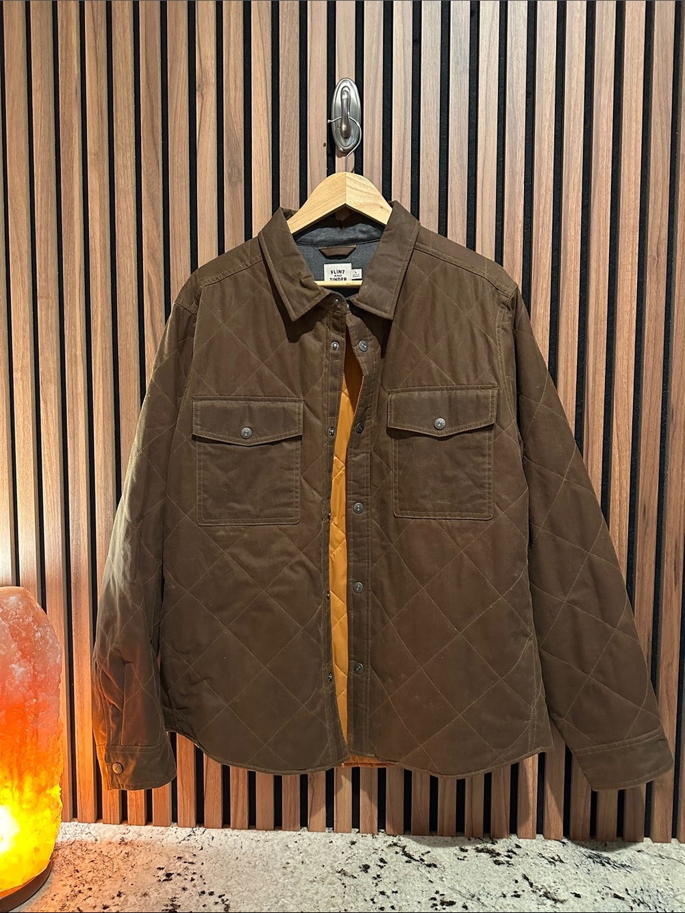 Men's Quilted Brown shirt jacket with Golden Lining. Flint and Tinder